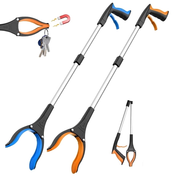 32" Grabber Reacher Tool, 2-Pack Foldable Reacher Grabber Pickup Tool with 360 Anti-Slip Rotating Jaw & Magnet, Trash Picker Tool for Outdoor & Indoor (Blue & Orange)