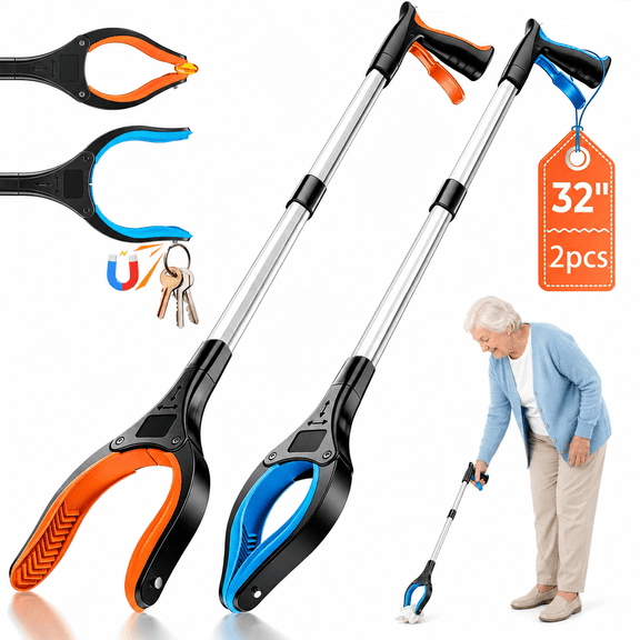 32" Grabber Reacher Tool, 2-Pack Foldable Reacher Grabber Pickup Tool with 360 Rotating Jaw & Magnet, Trash Picker Upper Grabber, Lightweight Grabbers for Seniors Heavy Duty