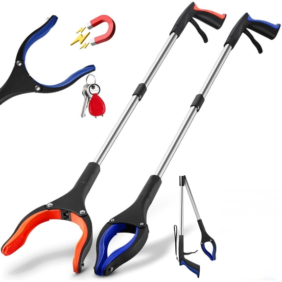 32” Grabber Reacher Tool, 2-Pack Foldable Reacher Grabber Pickup Tool with 90° Rotating Jaw & Magnets, Trash Picker Upper Grabber, Lightweight Grabbers for Seniors Heavy Duty