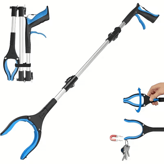 32 Grabber Reacher Tool, Foldable Reacher Grabber Pickup Tool with 360Rotating Jaw & Magnets, Grabbers for Seniors for Outdoor & Indoor (Blue)