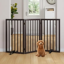 32" H Extra Tall Free Standing Dog Gate, 3-Panel Bamboo Wood Pet Gate with 2 Metal Stands, Freestanding Gates Indoor with 360°Hinge, Folding Pet Barrier for Stairs, Doorways, 55" W x 32" H -Espresso