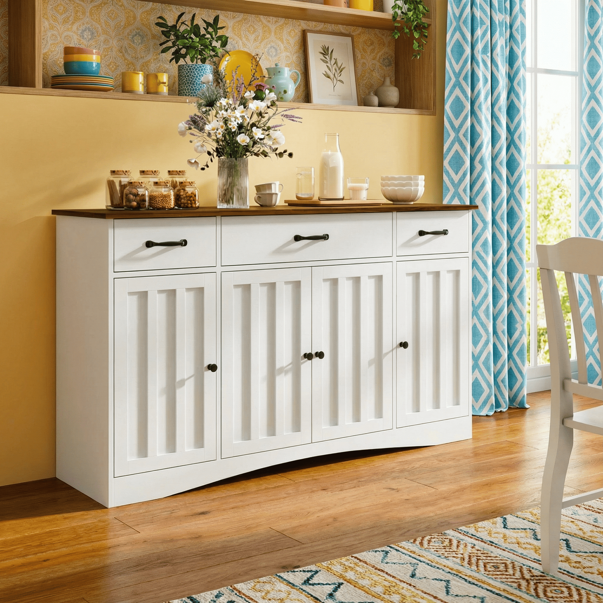 Storage Buffet Side Cabinet Contemporary Kitchen Coffee Station Wooden Cabinet with Drawers & Cupboards 15.2" D x 55.1" W x 31.9" H Retro