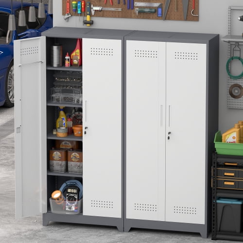32"H Reinforced Steel Freestanding Storage Cabinet, Office Storage Cabinet with Ventilated Holes, Utility Cabinet with Locking Doors for garage basement shop and office, Grey+White
