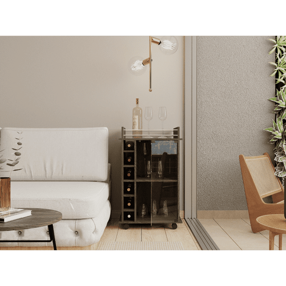 32" H carbon espresso bar-coffee cart, Kitchen or living room cabinet storage w/with 4 wheels, w/6 bottle racks, a central shelf covered by 1 glass door, 1 support surface w/aluminum front. 43700