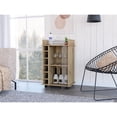 thumbnail image 1 of 32" H light oak bar-coffee cart, Kitchen or living room cabinet storage with with 4 wheels, with 6 bottle racks, a central shelf covered by 1 glass door, 1 support surface with aluminum front., 1 of 6
