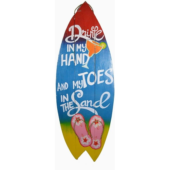 32" Hand Carved Wooden Drink in My Hand and My Toes in The Sand with Palm Tree Cocktails Drinking Beach Surfboard Sign