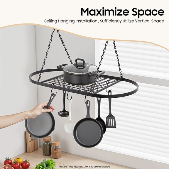 32" Hanging Pot Holder & Pan Hanger - Durable Iron Kitchen Rack with 9 Hooks for Organizing Cookware and Maximizing Storage Space