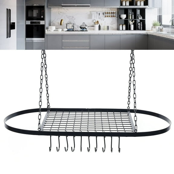 32" Hanging Pot Pan Rack Hanger Cookware Holder Ceiling Storage Shelf 10 Hooks