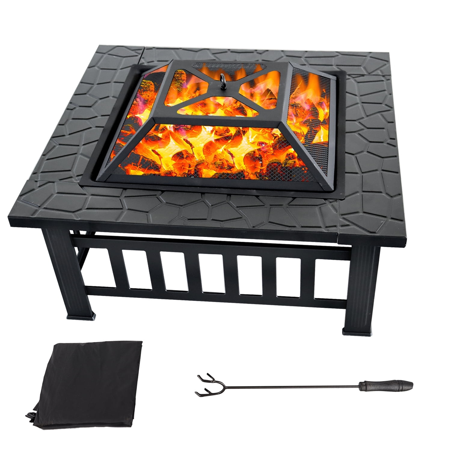 32" Heavy Duty Square Patio Wood Fire Pit Table with Spark Screen Cover, Log Grate, Waterproof Cover and Fire Poker for Outdoor Backyard, Garden, Bonfire