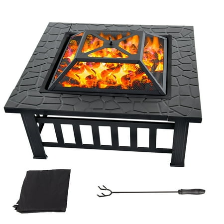 32" Heavy Duty Square Patio Wood Fire Pit Table with Spark Screen Cover, Log Grate, Waterproof Cover and Fire Poker for Outdoor Backyard, Garden, Bonfire