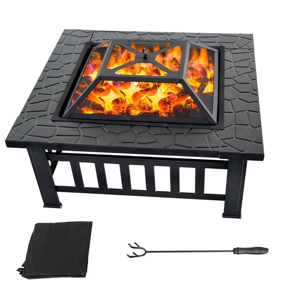 32" Heavy Duty Square Patio Wood Fire Pit Table with Spark Screen Cover, Log Grate, Waterproof Cover and Fire Poker for Outdoor Backyard, Garden, Bonfire