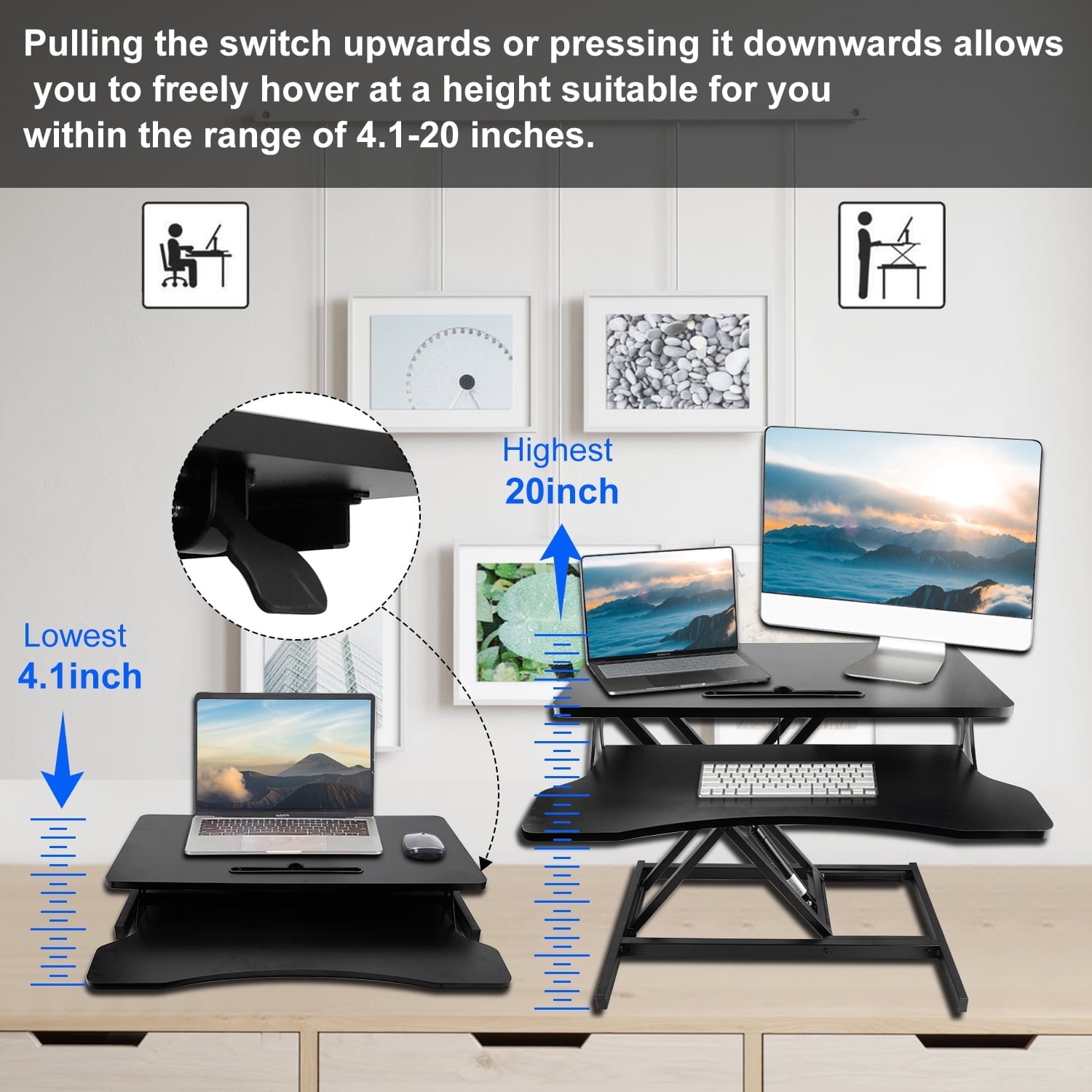 32'' Height Adjustable Standing Desk, Converter Tabletop, Dual Monitor Riser Workstation, Black