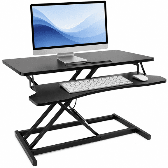 32'' Height Adjustable Standing Desk, Converter Tabletop, Dual Monitor Riser Workstation, Black