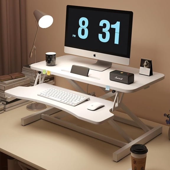 32" Height Adjustable Standing Desk Sit To Stand Converter with Wide Keyboard Tray for Home Office, Stand Up Desk Dual Monitor Riser Workstation with Spacious Tabletop for Laptops/Small Space (White)