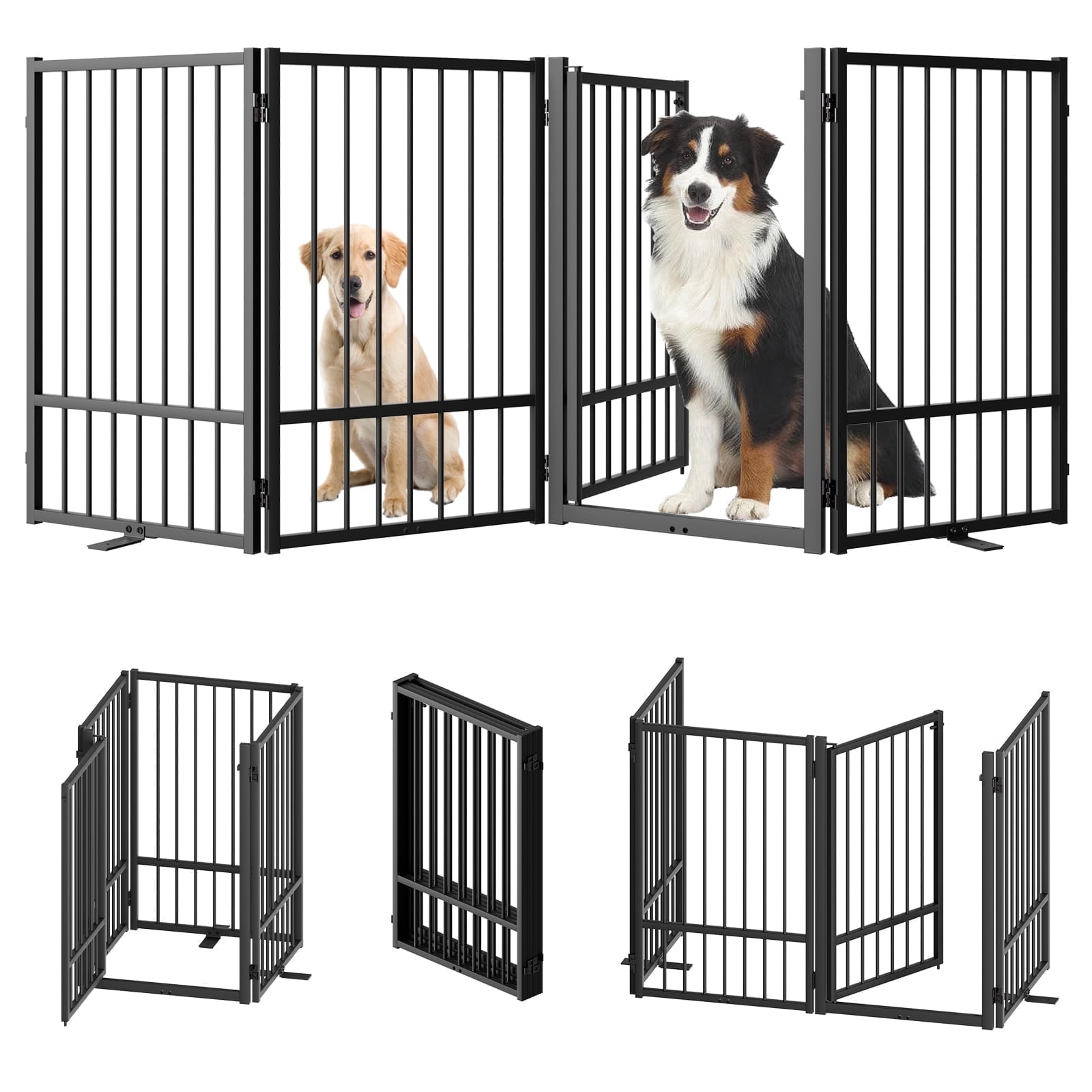 32''Height Full Matel Freestanding Dog Gate with Door, 4 Panels Extra Wide Free Standing Tall Dog Gates for Doorways,House,Stairs,Porch,Deck,Yard