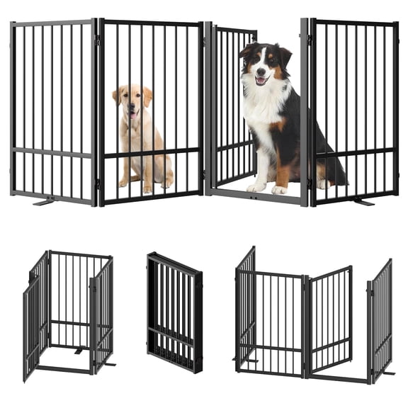 32''Height Full Matel Freestanding Dog Gate with Door, 4 Panels Extra Wide Free Standing Tall Dog Gates for Doorways,House,Stairs,Porch,Deck,Yard