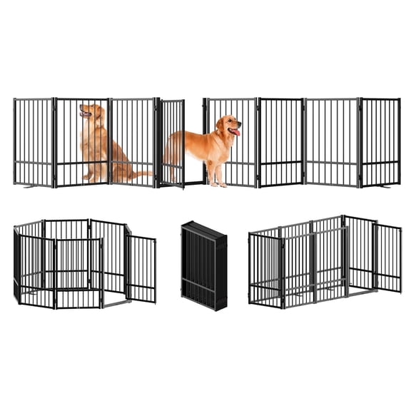 32''Height Full Matel Freestanding Dog Gate with Door, 8 Panels Extra Wide Free Standing Tall Dog Gates for Doorways,House,Stairs,Porch,Deck,Yard