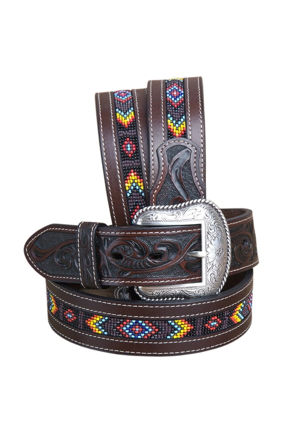 32 In Roper Mens Hand Tooled Leather Beaded Center Western Belt Brown