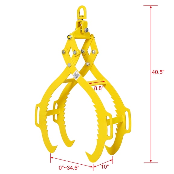 32-Inch 4 Claw Timber Log Lifting Tongs Grabber for ATV Tractor Skidding Logs, Steel Logging Tool with Yellow Coating