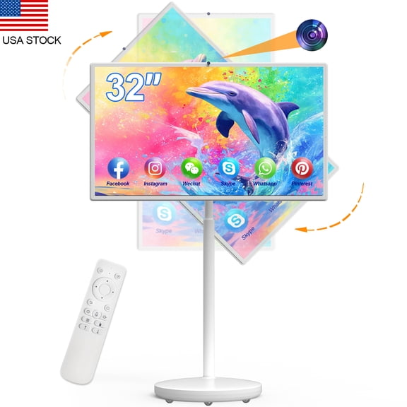 32 Inch 4K Smart Portable TV,Built-in Battery, 8+128GB, Android OS, Rolling Touch Screen Monitor on Wheels, Air Remote Mouse, With Buit-In Camera