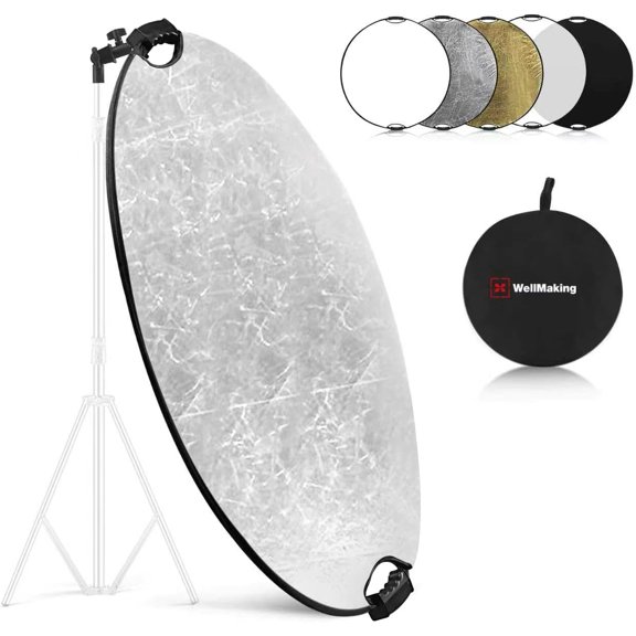 32 Inch (80cm) Reflector Photography, Collapsible Light Reflector with Bag & tilt Adapter, 5 in 1 Handle Reflector for Studio & Outdoor Lighting -Translucent, Silver, Gold, White and Black
