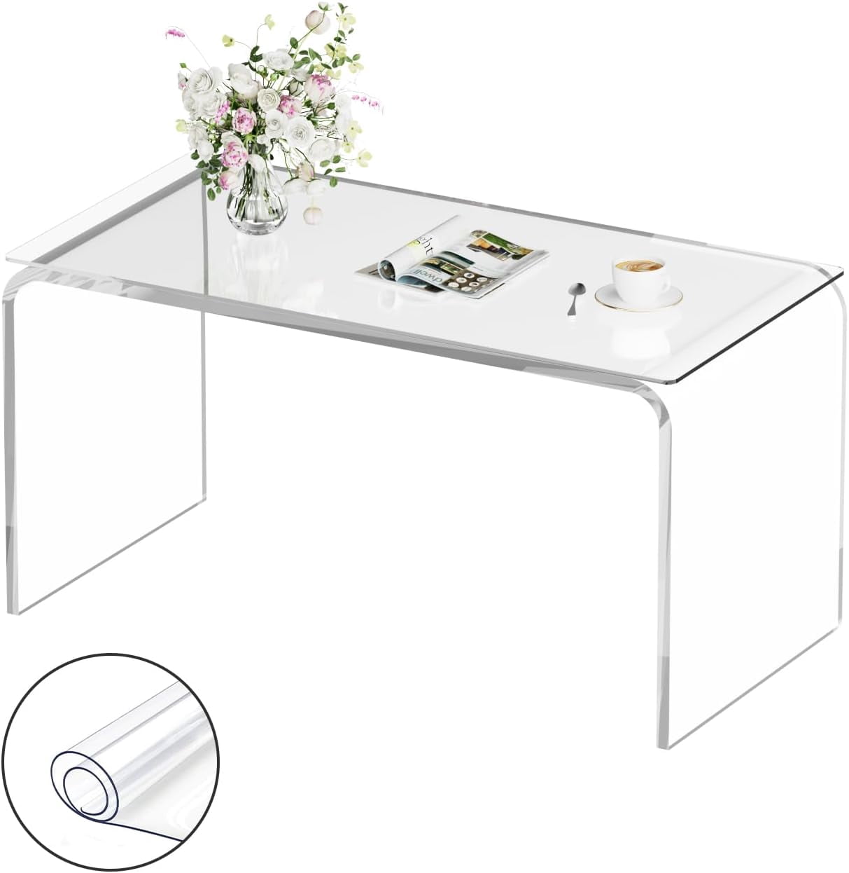 32 Inch Acrylic Coffee Table with PVC Cover Protector, Clear Rectangle ...