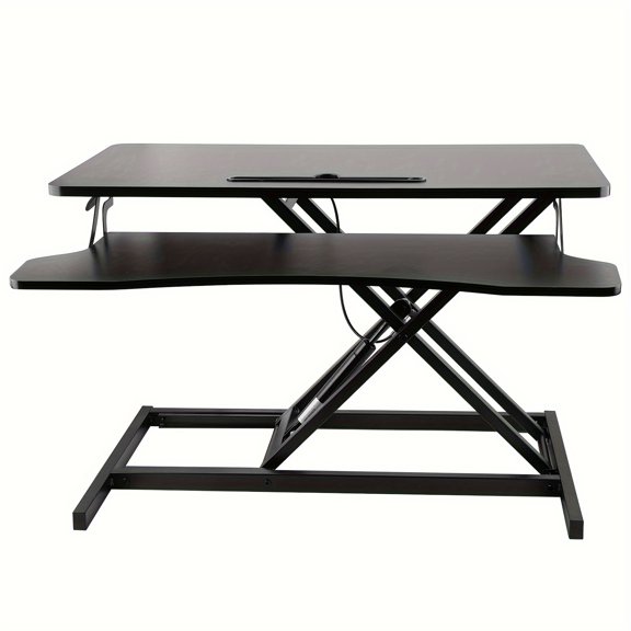 32-Inch Adjustable Sit to Stand Desk Riser with Dual Monitor Mount and Keyboard Platform in Black Finish
