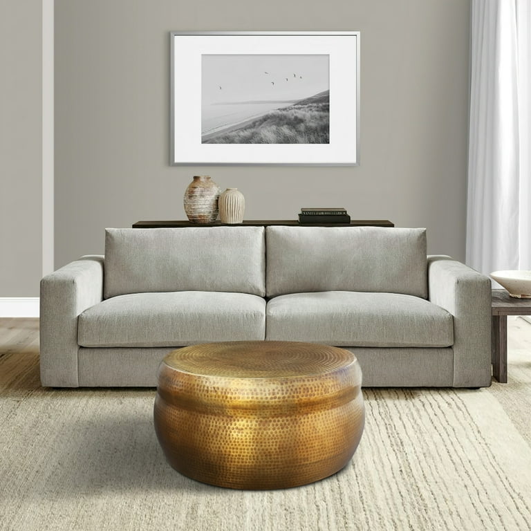 32 Inch Artisanal Round Drum Coffee Table Hammered Embossed