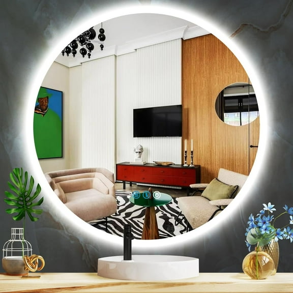 32 Inch Backlit Bathroom Round LED Mirror Round Lighted Mirror for Bathroom Wall Circle Round Vanity Mirror with Lights Backlit 3 Color Dimmable Anti-Fog Smart Round Circle Light up Mirror