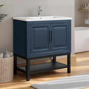 32 Inch Bathroom Vanity with Sink, Freestanding Storage Cabinet with Ceramic Basin and Faucet,ColorBlue