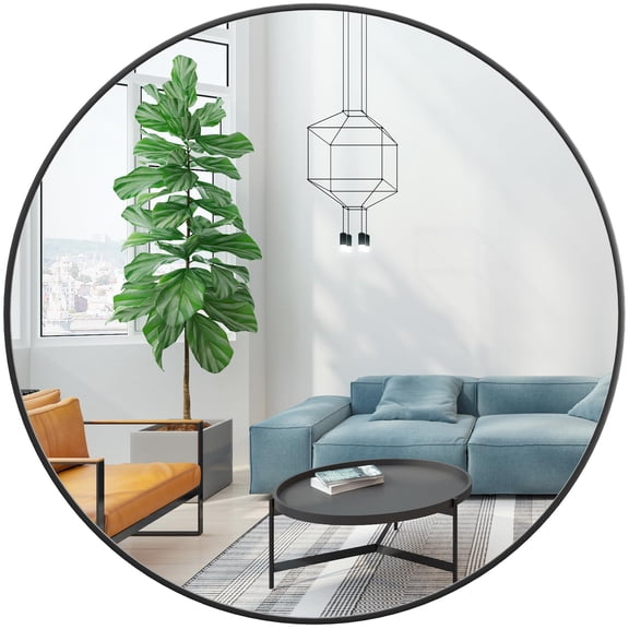 32 Inch Black Round Mirror, HD Framed Circle Wall Mirror for Bathroom, Entryway, Living Room, Vanity - Shatterproof, Easy to Install, Matte Black Metal Frame