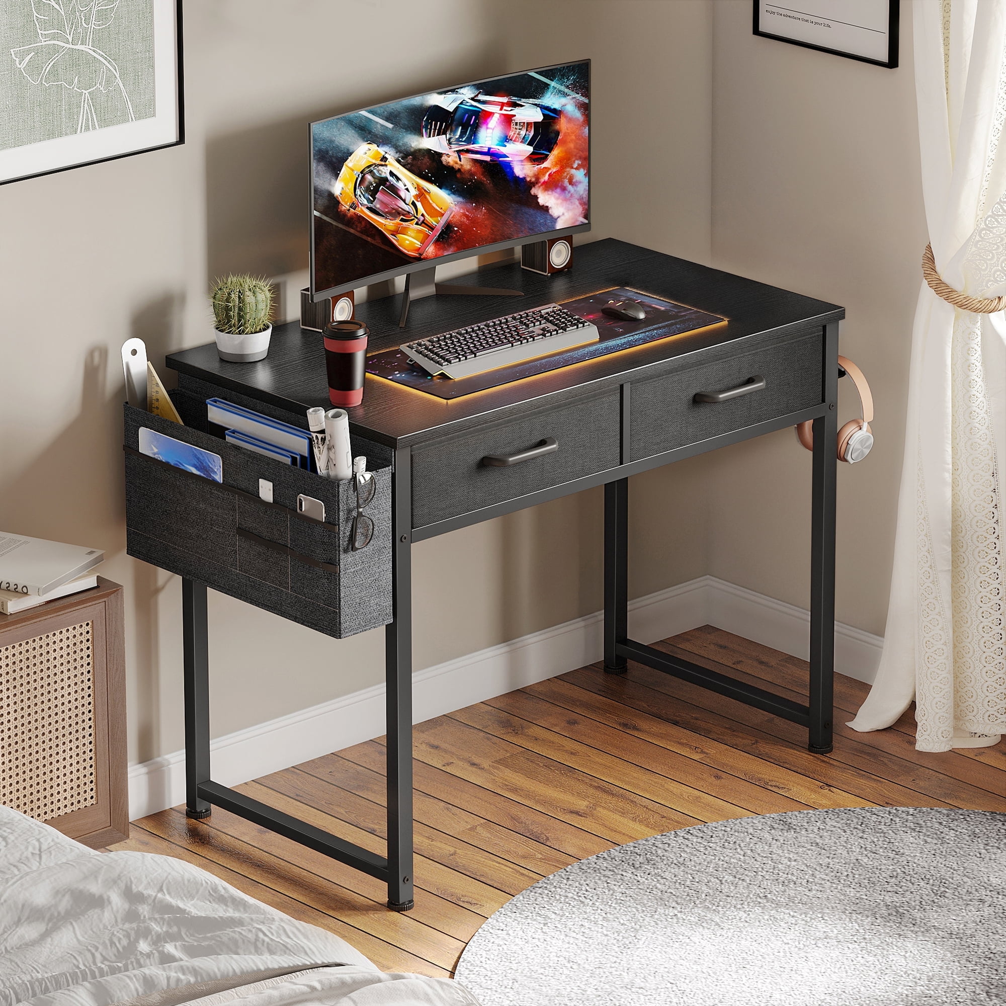 32 Inch Black Writing Desk with 2 Fabric Drawers \u0026 Storage Bag, Modern Study Table with Storage for Student/Kids, Small Computer Desk for Small Space, Home Office Desk