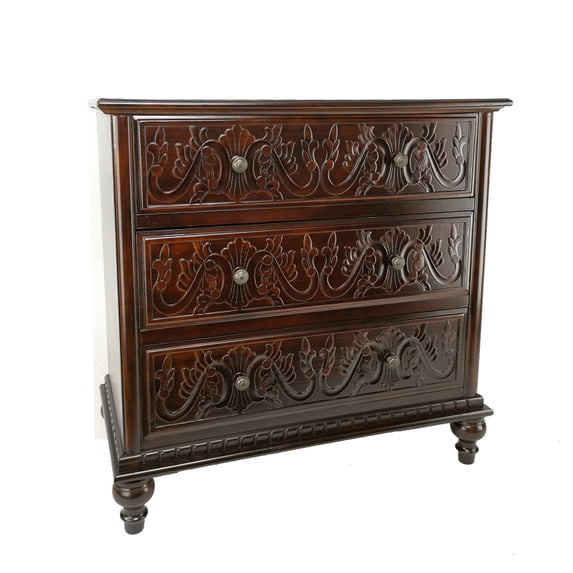 32 Inch Classic Wood Dresser Chest, 3 Drawers, Floral Carving, Brass, Brown- Saltoro Sherpi- Saltoro Sherpi