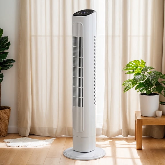 32 Inch Column Tower Fan 110V 45W US Standard White Plastic Body Copper Motor Touch Remote Control 3 Wind Speeds 3 Working Modes Auto Oscillation 7.5 Hour Timer Home Indoor Cooling Fan