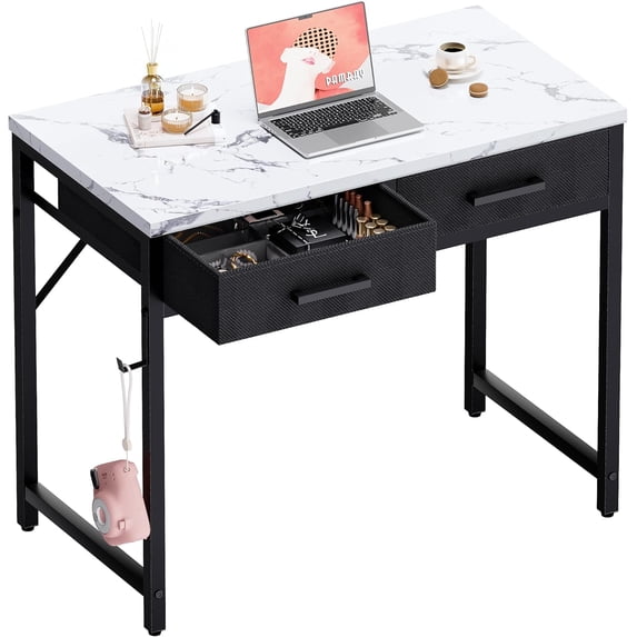 32 Inch Compact Computer Desk with 2 Drawers – Marble Finish, Rectangular Casual Style