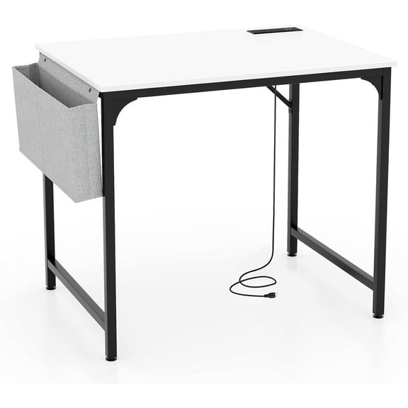 32 Inch Computer Desk, Modern Writing Desk with Heavy-Duty Metal Frame, Storage Bag & Charging Station, Home Office Workstation Table for Conference & Meeting Room (1, White & Black)