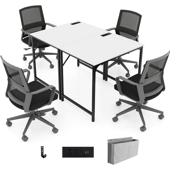 32 Inch Computer Desk Set of 2, Modern Writing Desk with Heavy-Duty Metal Frame, Storage Bag & Charging Station, Rectangular Home Office Workstation Table for Conference, Study & Meeting Room
