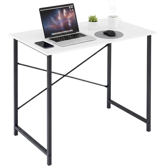32 Inch Computer Desk, Simple Home Office Study Writing Table, Sturdy Metal Frame, Scratch-Resistant MDF Desktop, White for Bedroom Dorm Small Space