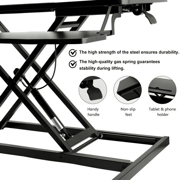 32-Inch Desk Converter That Allows Height Adjustment for Sitting Or Standing, Featuring a Dual Monitor And Laptop Workstation with a Spacious Keyboard Tray, in Black.