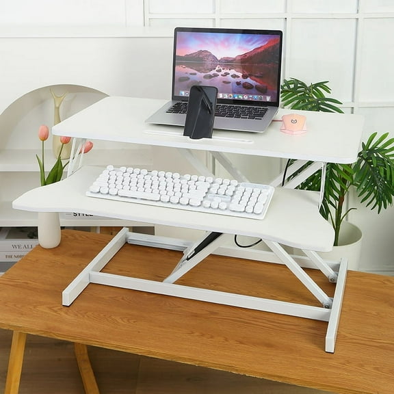 32 Inch Desk Converter, Height Adjustable Sit to Stand Riser, Dual Monitor and Laptop Workstation with Wide Keyboard Tray, Standing Computer Desk, WHITE