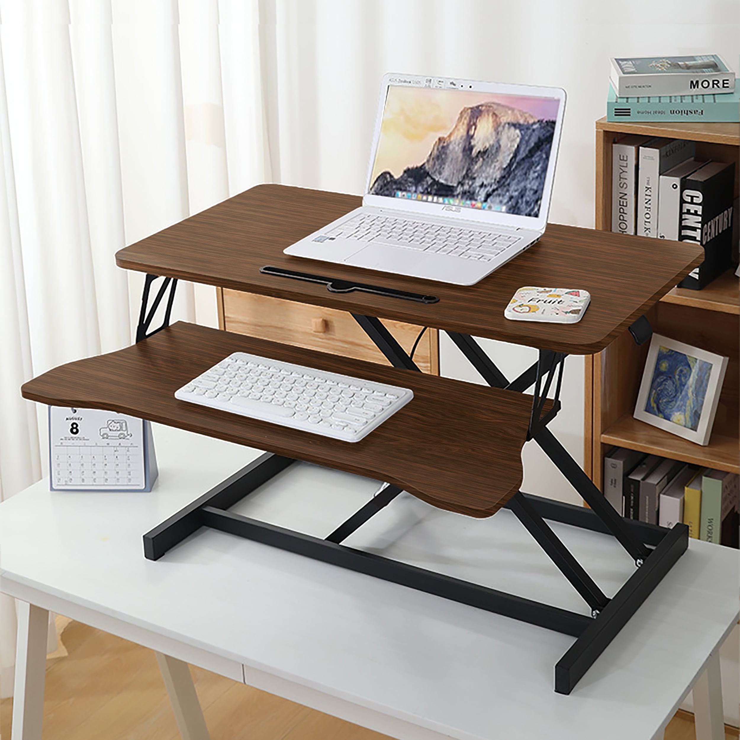 32 Inch Desk Converter, Height Adjustable Sit to Stand Riser, Dual Monitor and Laptop Workstation with Wide Keyboard Tray, Walnut Color&nbsp;