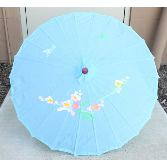 32" Inch Diameter Light Blue Floral Pattern Wood Bamboo Nylon Parasol Umbrella Backyard Decoration Gift