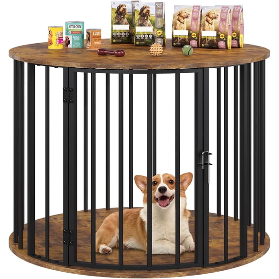 32 Inch Dog Crate Furniture for Large Medium Dogs, Wooden Dog Kennel Indoor Decorative Pet House Side End Table, Round Dog Cage, Rustic Brown