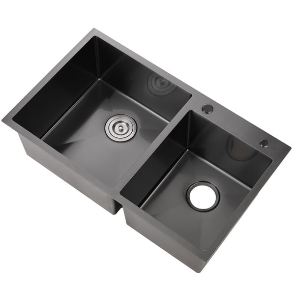 32 Inch Double Bowl Kitchen Sink, Drop In Stainless Steel Sink, Undermount Dual Basin Workstation Sink, Rustproof & Noise Reduction Kitchen Sink Black