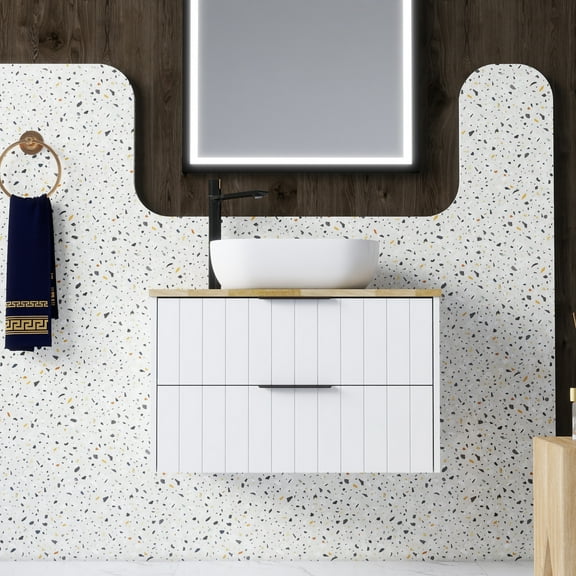 32-Inch Double Drawer Wall-Mounted Bathroom Vanity,White Cabinet + Solid Wood Natural Top,Square Art Ceramic Sink ,Modern Minimalist Design, Combining Functionality and Style