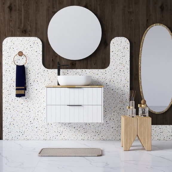 32-Inch Double Drawer Wall-Mounted Bathroom Vanity,White Cabinet + Solid Wood Natural Top,Square Art Ceramic Sink + White Round Mirror,Modern Minimalist Design, Combining Functionality and Style
