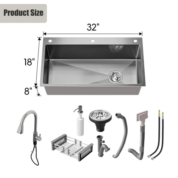 32 Inch Drop In SUS304 Stainless Steel Workstation Kitchen Sink, Single Bowl with Pull Down Faucet, Dish Rack & Full Drain Kit, R10 Corner Fast Drain Design