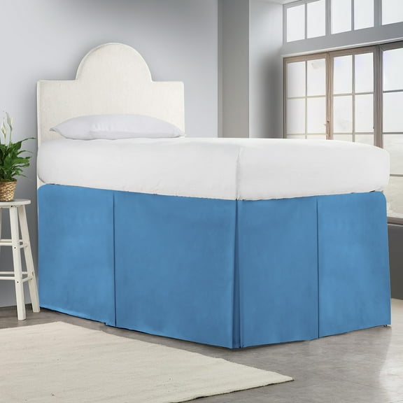 32 Inch Drop Twin XL Size Dorm Bed Mediterranean Blue Solid Bed Skirt Lightweight Pleated Pattern Split Corner Premium Hotal Quality With Flexible Elastic & Fade Resistent