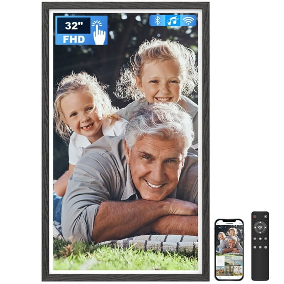 32 Inch FHD Extra Large Digital Picture Frame Touchscreen, 64GB FHD IPS WiFi Digital Photo Frame Remote, Share Photo/Video via Apps, Email, Auto-Rotate, Black Wood Pattern