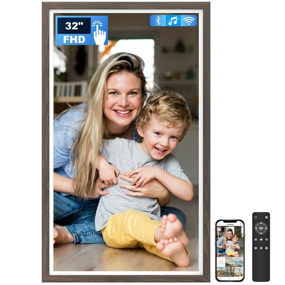 32 Inch FHD Extra Large Digital Picture Frame Touchscreen, 64GB FHD IPS WiFi Digital Photo Frame Remote, Share Photo/Video via Apps, Email, Auto-Rotate, Dark Wood Pattern